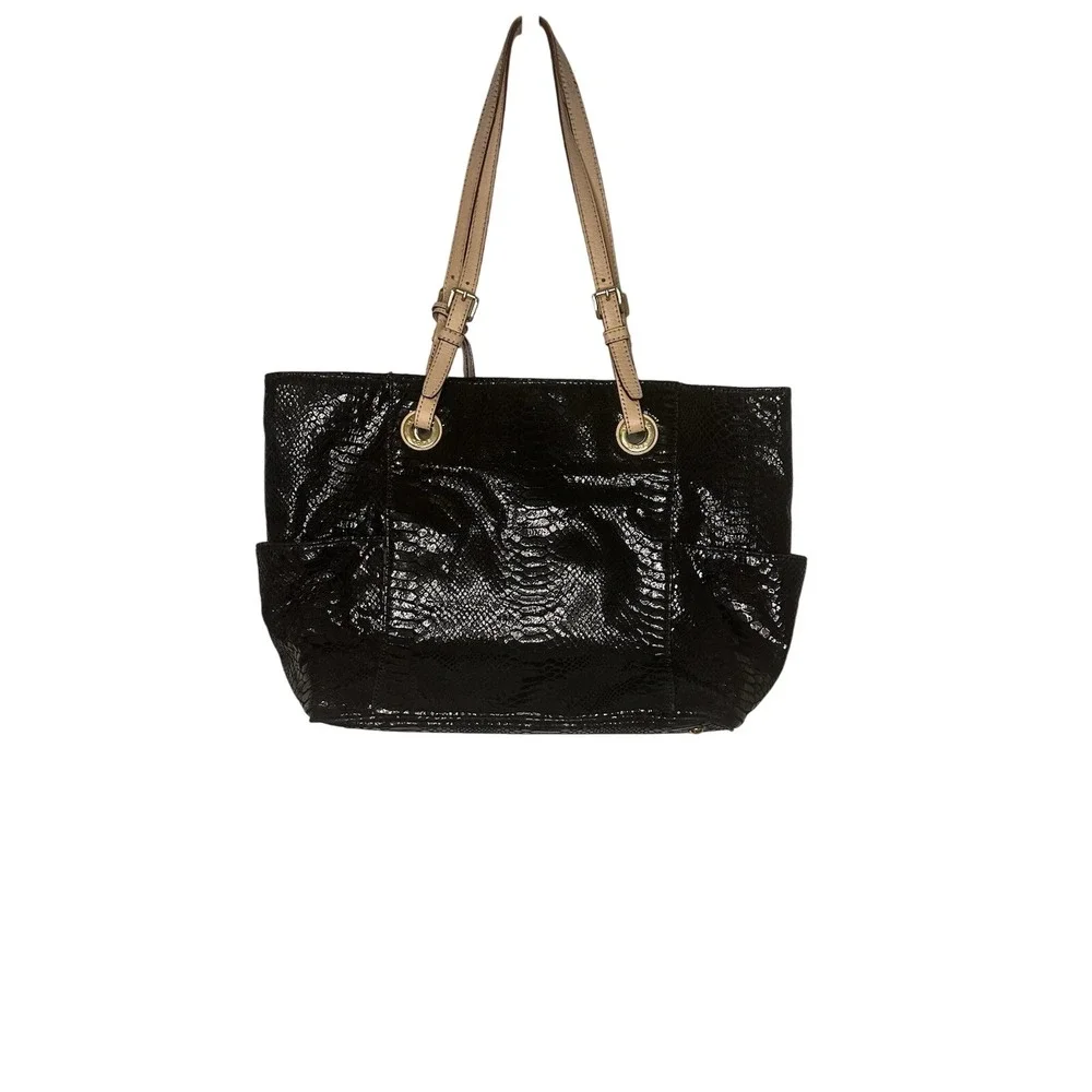 Michael Kors Womens Shoulder Tote Handbag Purse Medium Black Snake Print Leather